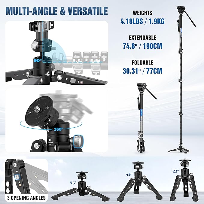 LEOFOTO Carbon Fiber Camer Monopod Kit, 63" Professional Video Monopod with Fluid Head and Folding Support Base for Video Cameras Camcorders