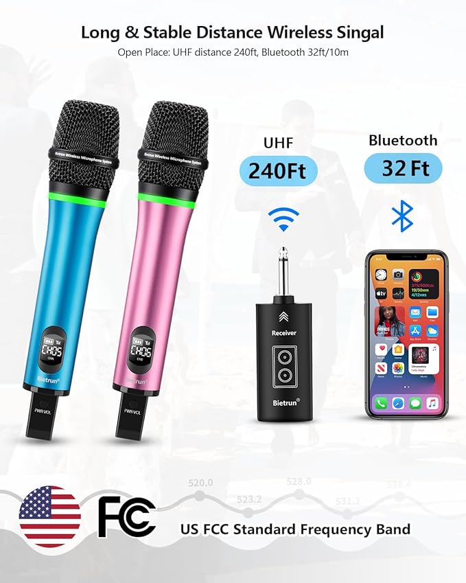 Bietrun Rechargeable Wireless Microphone, Dual Metal Cordless Handheld Dynamic Wireless Mics with Bluetooth, UHF 240FT Range, for 1/4'',1/8''Output,PA System,Dj,Mixer,Church(Blue＆Pink)