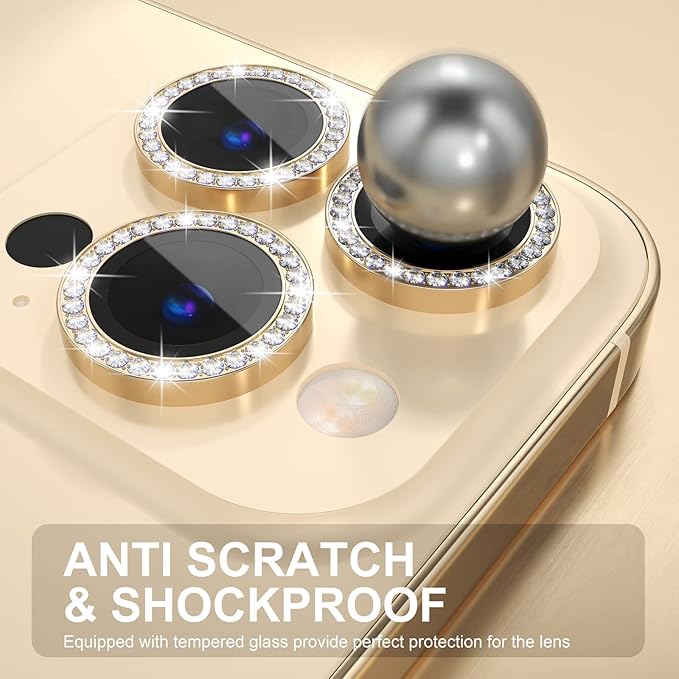 Choiche Compatible for iPhone 14 Pro/iPhone 14 Pro Max Camera Lens Protector Bling, 9H Tempered Glass Camera Cover Screen Protector Metal Ring Decoration Accessories (Diamond-Gold)