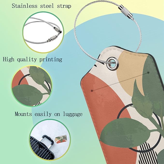 Boho Luggage Tag,Tropical Green Leaves Luggage Tags of Set 2 Leather Identifiers Privacy Cover with Stainless Steel Loop for Women Men Travel Bag Suitcase