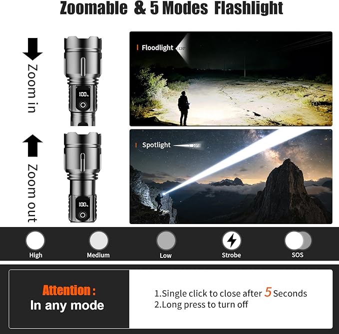 SKYFIRE Rechargeable Flashlights High Lumens with Ignition Lens&White Yellow Blue Light,5000mAh Super Bright Flashlight with 5 Modes& Zoomable,Tactical LED Flash Light for Outdoor,Home& Gift