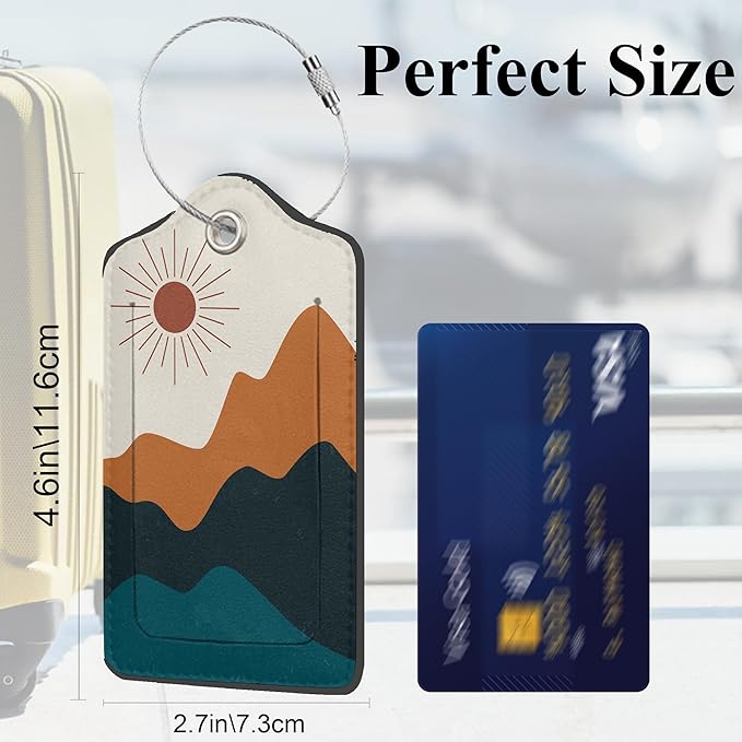 Abstract Landscape PU Leather Luggage Tags for Suitcase, Boho Sun Moon Mountains Travel Cruise 2 Pack with Privacy Flap, Name ID Label and Metal Loop for Women Men Girls Baggage Backpack