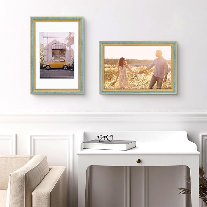 Golden State Art,11x17 Ornate Picture Frame for 9x12 Photo With Mat or 11 x 17 Prints Without Mat, Real Glass Wall Display Horizontally or Vertically (Color:Distressed Blue Gold)