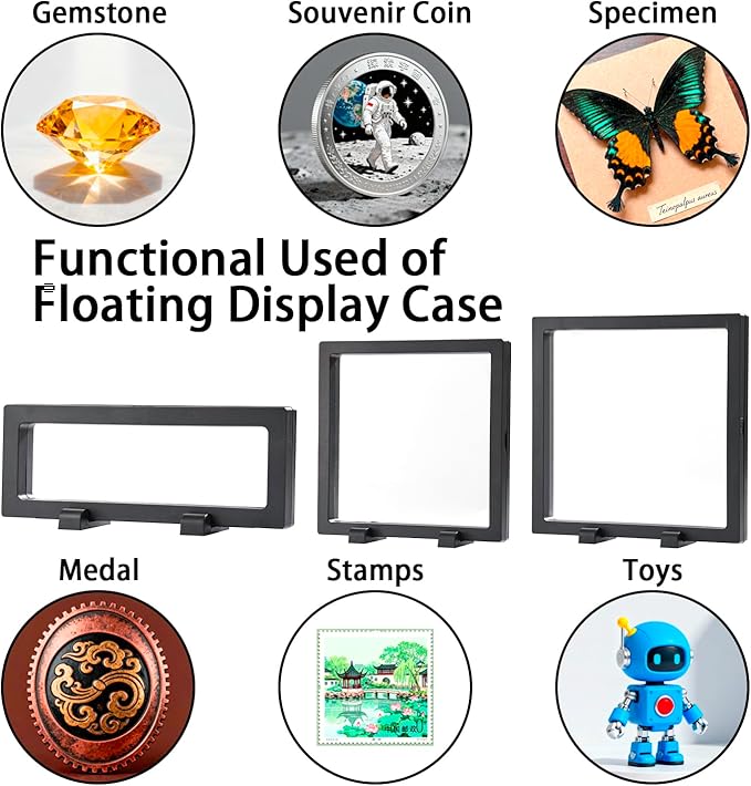3PCS 3D Transparent Floating Frame with Stand, Challenge Coin Display Holder, Floating Display Case for Jewelry, Medals, Specimens, Small Items, Fossils Rocks,6.3 x 6.3 inch