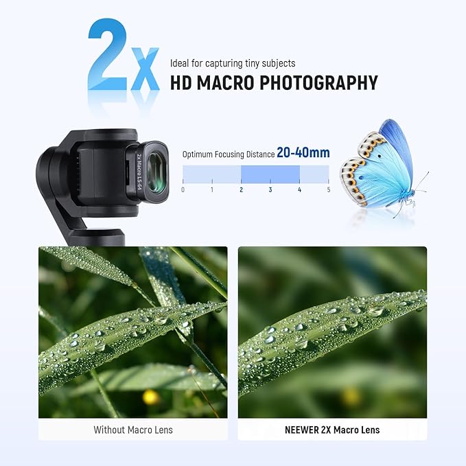 NEEWER 2X Macro Lens for Pocket 3, Magnetic Close Up Macro Photography Lens, 3 Elements in 3 Groups Multicoated HD Optical Glass, Compatible with DJI Osmo Pocket 3, Do Not Stack Filters, LS-64