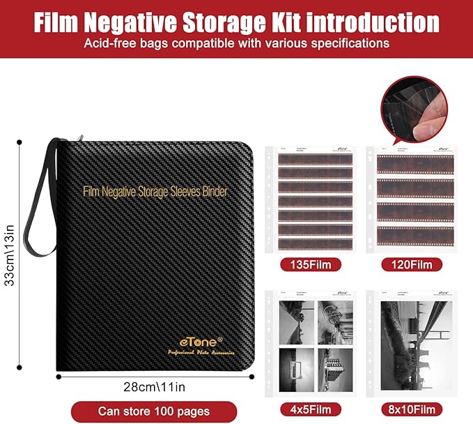 eTone Film Negative Storage Box, Black PU Leather, 13.18x7.08x1.96 Inch, 3-Ring Binder Album with Velvet Lining for 35mm 120 4x5 8x10 Negatives