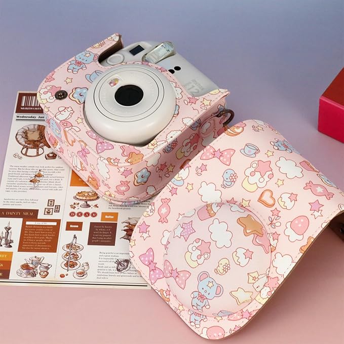 Frankmate Protective Case Fit for Fujifilm Instax Mini 12 11 9 8 Camera, PU Leather Camera Bag with Pocket and Adjustable Shoulder Strap (Canvas Bunny)