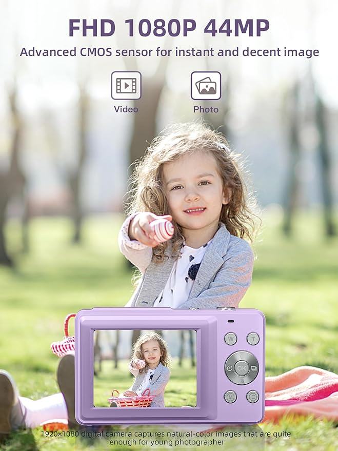 Digital Camera FHD 1080P, Camkory Point and Shoot Digital Cameras with 16X Zoom Anti Shake, 32GB Card, Compact Small Camera for Boys Girls Kids, Purple