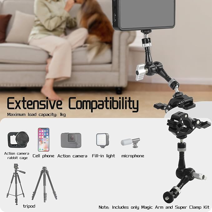 FIFIELD CNC Machined 7" Articulating Magic Arm Clamp Mount with Super Clamp, 360° Dual Ball Head & 1/4" ARRI Locating Pin&Holes, Camera Monitor Mount for Camera, Phone, LED Light, Phone,7" w/Clamp