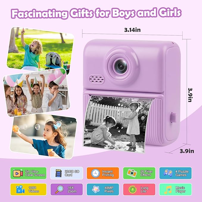 Kids Instant Print Camera,1080P Digital Camera for Kids with 32GB Card & 3 Rolls Printing Paper,4 6 7 8 9 10 Year Old Girls Boys Christmas Birthday Gifts, Instant Print Toys for Girls 6-8 8-10(Purple)