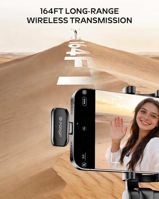 PQRQP Wireless Lavalier Microphone for iPhone/iPad/Android, 164ft Transmission, Mini Microphone with AI Noise Cancellation & Hi-Fi Sound, 24H Charging Case, Mic Ideal for YouTube, Video Recording