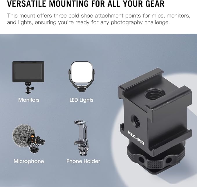Mechrig Triple Cold Shoe Mount Cold Shoe Adapter, Aluminum Camera Hot Shoe Extension Bracket with 3 Port Cold Shoe Mounts for Camera Cage Flash LED Light Monitor Microphone (62028)