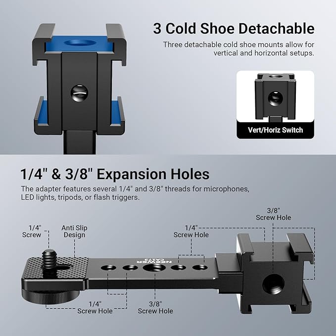 NEEWER Triple Cold Shoe Mount Plate for Mic LED Light, Metal Extension Bracket Microphone Stand Rig 1/4" 3/8" Compatible with DJI OSMO Mobile Zhiyun Feiyu Vimble Hohem Phone Gimbal Stabilizer, CA173