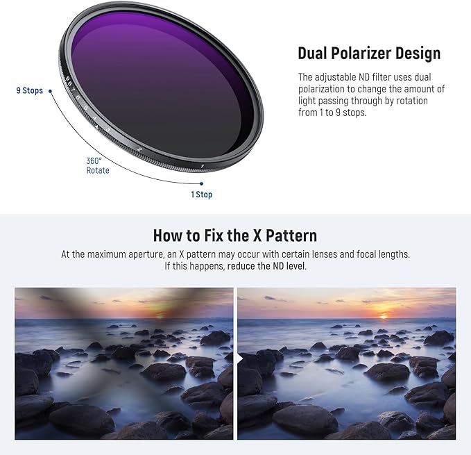 NEEWER 72mm ND2-400 (1-9 Stops) Variable ND Filter with Lens Cap, Lanyard, Cleaning Cloth, Precise Neutral Density Adjustment, Fingerprint & Scratch Resistant Multicoated Optical Glass