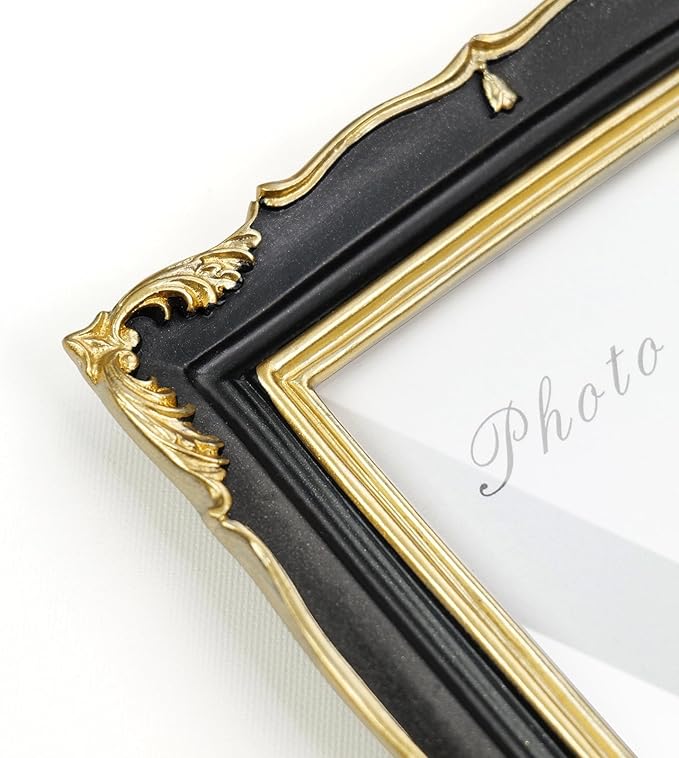 Cuspin 5x7 Picture Frame Black and Gold Frames, Vintage Ornate Textured Hand-Crafted Resin Photo Frame with Glass Front, Decorative Picture Frame for Wall & Tabletop, Retro Frame Home Decor
