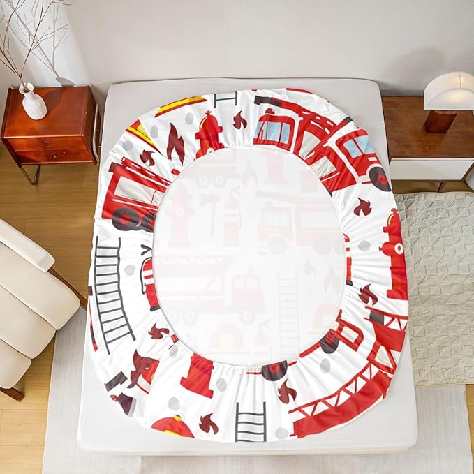 Fire Truck Sheet Sets, Red Fire Fighting Supplies Print Top Sheet for Boys Teens Kids Bottom Sheet Helmet Ladder Fire Extinguisher Fire Theme Sheet Sets,1 Flat Sheet+1 Fitted Sheet+2 Pillowcases,Full