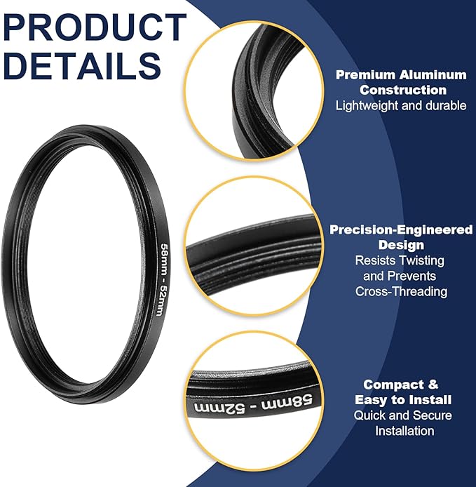 PATIKIL Step Down Ring Adapter 58mm to 52mm, 2 Pcs Filter Step-Down Rings Camera Lens Filters Metal Ring Digital for ND IR DSLR Lenses, Black