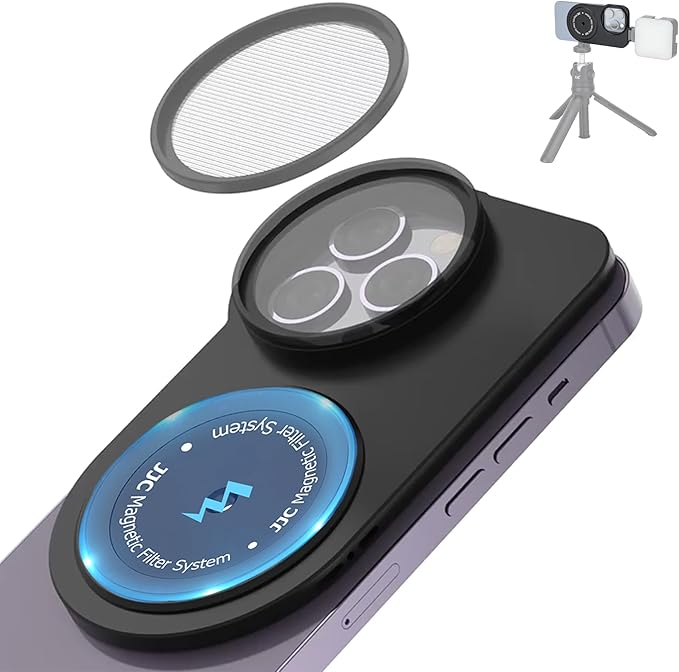 49mm Lens Filter Adapter Mount for iPhone 16/15/14/13 Pro 16/15/14/13 Without case, Double-Sided Magnetic Phone Filter System with Lens Hood for ND UV CPL, 1/4-20" Screw & Cold Shoe Mount (No Filter