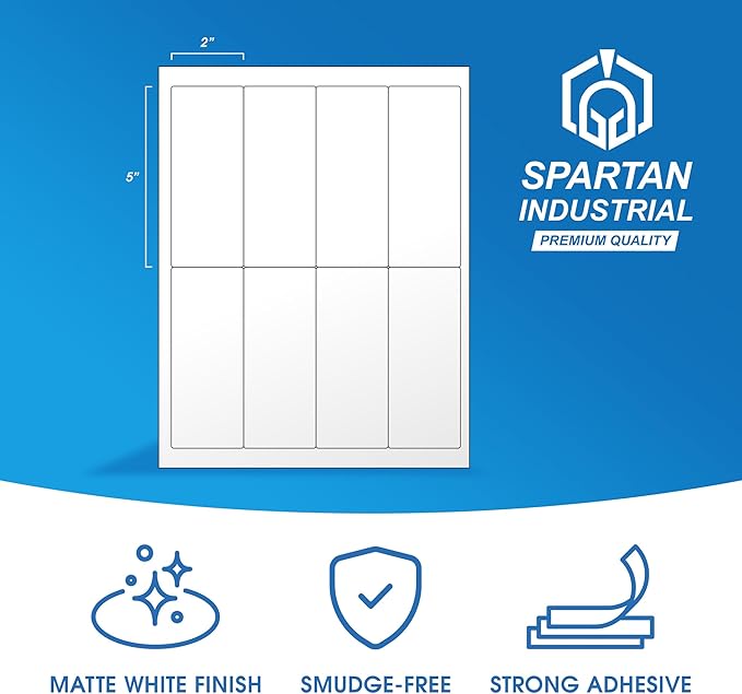 2" X 5" Matte White Printable Shipping Labels (100 Sheets, 800 Stickers) Address and Mailing Labels for Laser & Inkjet Printers - Spartan Industrial Template R006