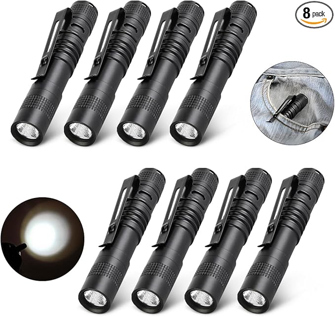 Mini Flashlight, 8 Pack Pocket Flashlight, Small Pen Light Flashlights with Clip, AAA Battery Powered Portable Pen Flashlights Ideal for Emergency Repair Camping and Outdoor Use White Light