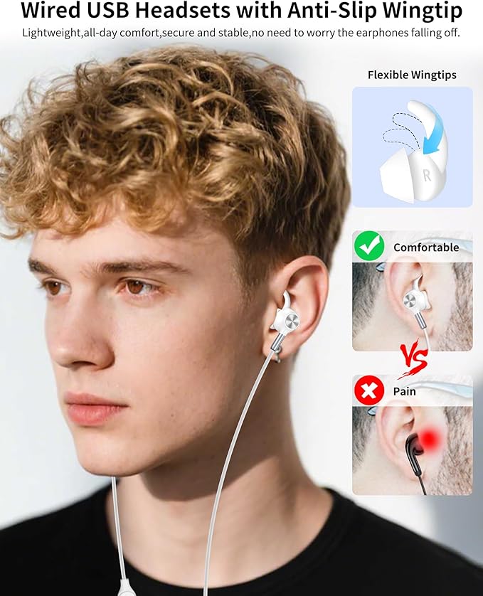 USB Earbuds with Microphone for PC,Wired USB Headphones with Mic& Earfins Hook for Computer Zoom Teams Office,7.5ft Long Noise Canceling Computer Headset for Dell/HP/Chromebook Laptop School,White