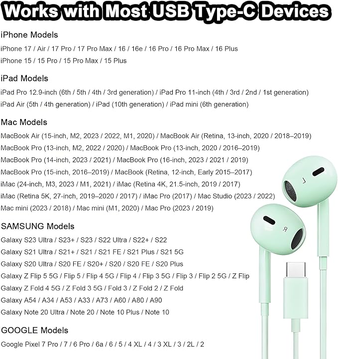 2 Packs USB C Headphones for iPhone 16/15 Phone Earbuds with Microphone & Volume Control HiFi Stereo Type C Earphones for Galaxy S23/S22/S21/S20/Ultra Note 10/20, for Pixel 7/6/6a/5/4,for OnePlus 9 8