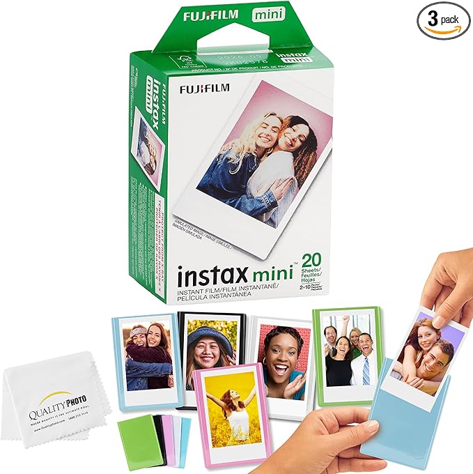 Fujifilm Mini Instax Films + Colored Magnet Photo Frames + Quality Photo Microfiber Cloth (20 Prints)