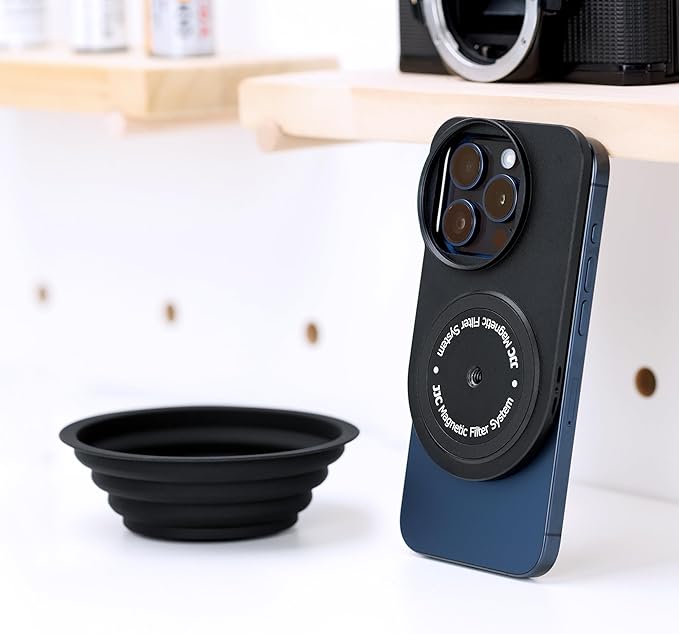 JJC 49mm Magnetic Lens Filter Mount Adapter for iPhone 13 Pro 14 Pro 15 Pro with MagSafe Case, Magnetic Filter System with Cold Shoe Mounts & Anti-Reflection Silicone Lens Hood (Filters Not Included)