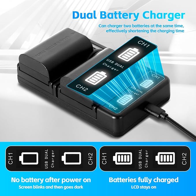 LP-E6 LP-E6N Battery(2-Pack) and Dual USB Charger Compatible with Canon EOS 5D Mark II III IV, 5DS, 5DS R, 6D, 6D Mark II, 7D, 7D Mark II, 60D, 70D, 80D, 90D, R, R5, C700, XC10, XC15 Cameras