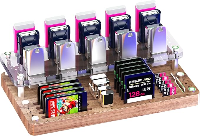 FEIFANZHE 40 Slots Wooden Memory Card Case for TF/CF/Nintendo Switch, USB Flash Drive/SD Card Holder Desk With Removal Pin - Protection Box-03MY