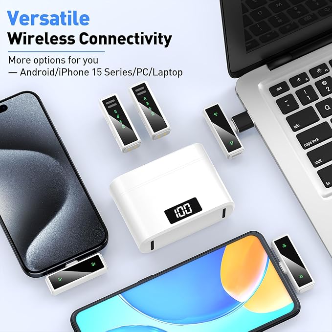 Wireless Lavalier Microphone for iPhone 15, Android, PC, Laptop, USB C Mini Microphone with Noise Cancellation, Mini Mic for Video Recording, Vlog, YouTube, TikTok (White)