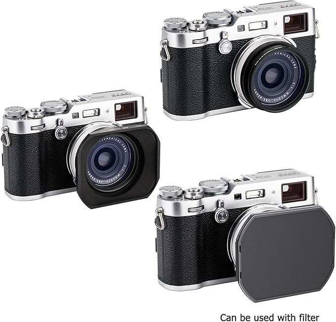 Metal Square Lens Hood with Lens Cap Protector & 49mm Thread Filter Adapter Ring for Fujifilm X100VI X100V X100F X100T X100S X100 X70 Camera Replaces Fuji LH-X100 Lens Hood & AR-X100 Adapter Black
