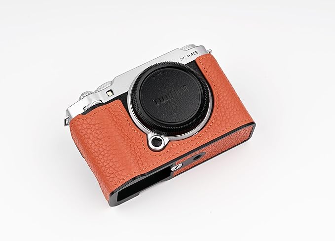 Uchandmade Handmade Genuine Leather Camera Half Case for Fujifilm X-M5/Fujifilm X-M5 Camera Case/Fujifilm X-M5 Case - Top Layer Cowhide Body + Metal Base Plate (Orange1)