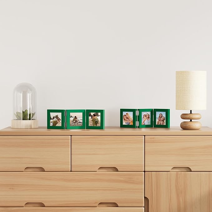 decorUhome Triple 4x4 Picture Frame Vertical, Engineered Wood Trifold Photo Frame with Plexiglass for Tabletop Display, 4x4, Green