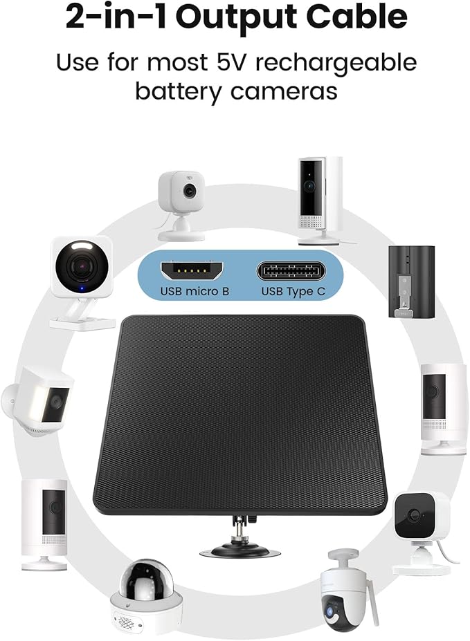 KJK 6W Solar Panels for Security Camera, Solar Battery Charger with Micro USB & USB-C Port for DC 5V Outdoor Rechargeable for Ring Camera, IP66 Waterproof, 360° Adjustable Security Mount