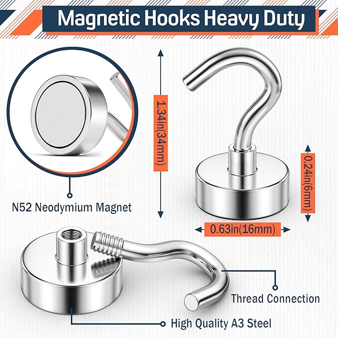 FINDMAG Magnetic Hooks, 30lbs Magnet Hooks Cruise Cabin Ship Essentials 2026, Rare Earth Magnets with Hooks, N52 Magnetic Hooks for Hanging, Home, Kitchen, Office (10 Pack, Silver)