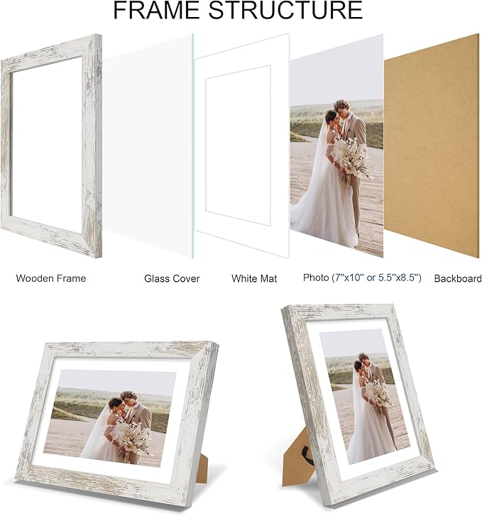 7x10 Picture Frame Set of 4, Made of Real Glass and Distressed White Frame - Display 5.5 x 8.5 Diploma Frame with Mat or 7x10 Without Mat, 7 by 10 Photo for Wall or Tabletop