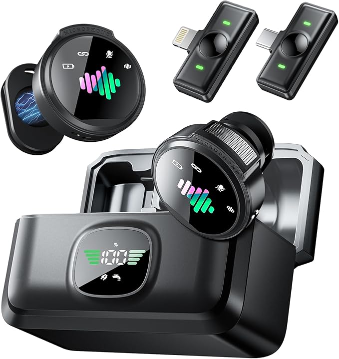 Wireless Lavalier Microphone for iPhone: Mini Microphones for Android Equipment - Noise Reduction Lapel Mic for Professional Recording - 80h Battery Life - 48KHz Studio Sound