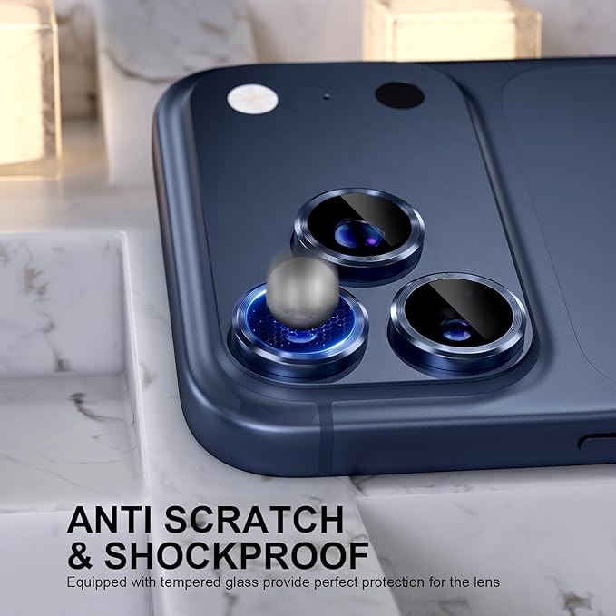 Choiche Compatible for iPhone 17 Pro/iPhone 17 Pro Max Camera Lens Protector, 9H Tempered Glass Camera Cover Screen Protector Metal Ring Decoration Accessories (Blue)