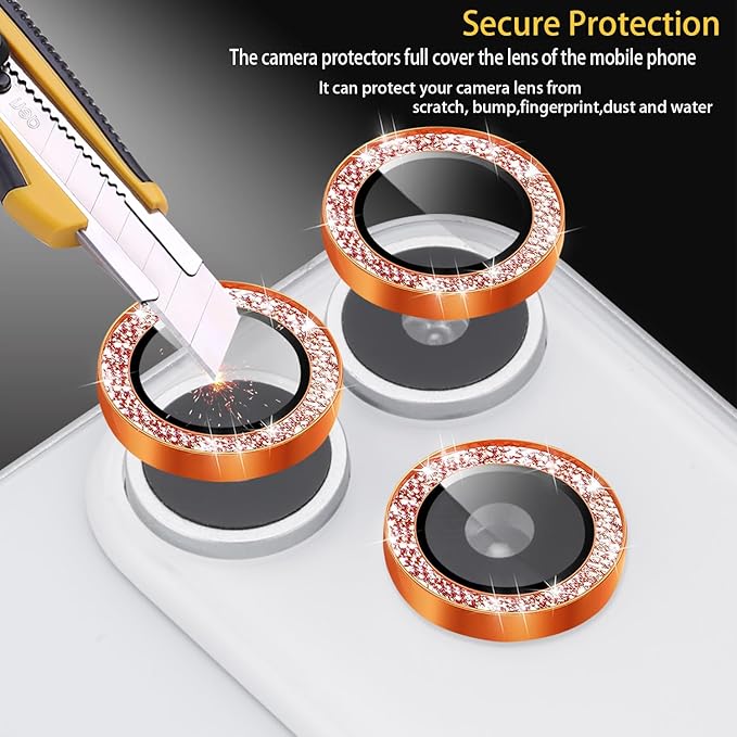 Camera Lens Protector for iPhone 17 Pro/17 Pro Max, Aluminum Alloy Tempered Glass Lens Protector with Installation Frame Fits for iPhone 17 Pro/17 Pro Max (Glitter Orange)
