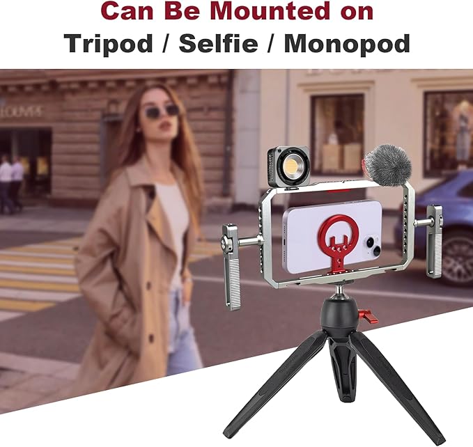 Magnetic Phone Cage with Handle,Smartphone Cage Kit with 360° Rotation Handgrip and Magnetic Sticker for Photography,Compatible with iPhone 17/16/15/14/13 Series and Andriod Phones (Silver+Red)