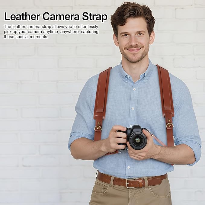 JUNART Camera Strap,Leather Dual Camera Harness with Shoulder Widening Stress Relief, Adjustable Camera Strap for Photographers for Two DSLR/SLR Cameras