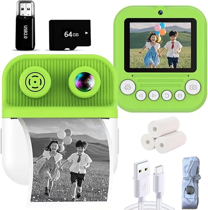 Dual-Lens Instant Print Camera for Kids, 48MP Thermal Instant Printing Camera with 2.4 Inch IPS Screen for Toddler, Boys Girls Christmas Birthday Gifts Photo Printer with 64GB SD Card (Green)