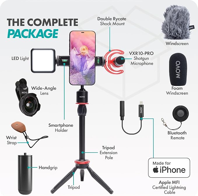 Movo iVlog1 Vlogging Kit - iPhone Lightning Compatible YouTube Starter Kit - Shotgun Microphone, Mini Tripod, LED Light, Wide-Angle Lens, Lightning Adapter