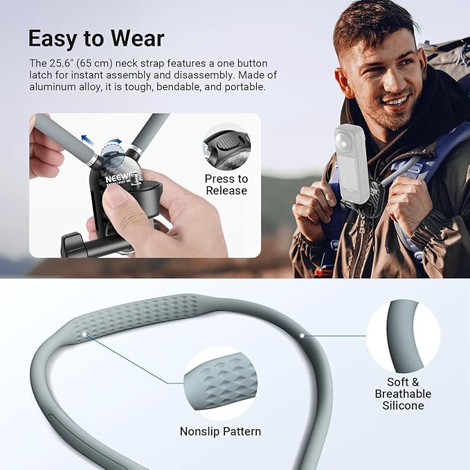 NEEWER Neck Mount Compatible with GoPro DJI Insta 360 Action Cameras, Quick Release Neck Holder with Air Cushion & Adjustable Chest Strap, Accessories Kit for POV Vlogging Video Recording, GP49