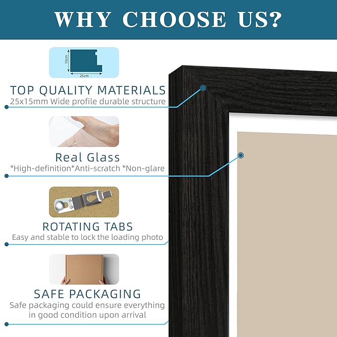 9x12 Picture Frame Set of 4, Made of Glass and Rustic Black Wooden Frame - Display Picture 6x8 with Mat or 9 x 12 Without Mat, 9 by 12 Photo for Wall or Tabletop