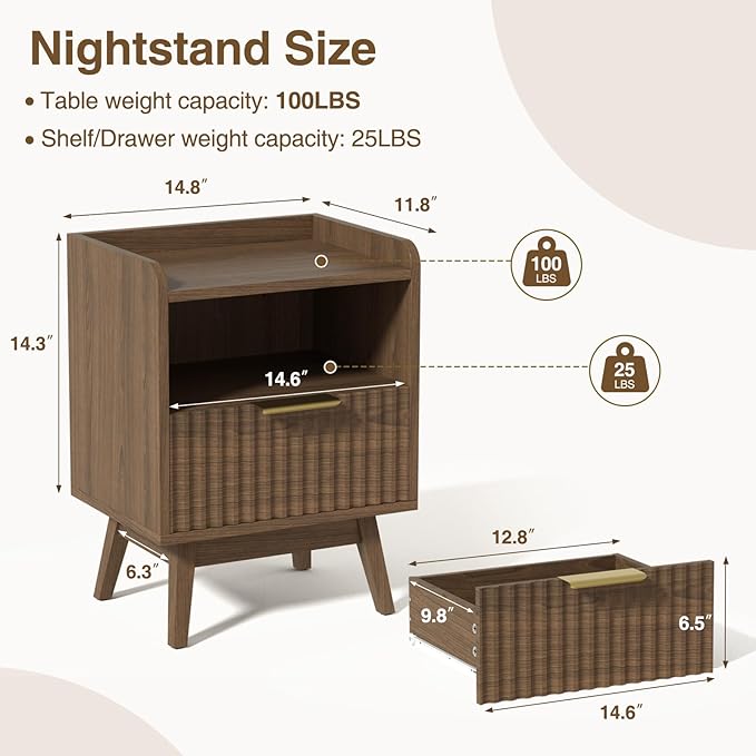 Modern Fluted Nightstand with Drawer and Open Storage Shelf, Bedside Table with Raised Edge, Boho Night Stand with Solid Wood Legs & Metal Handle, End Table for Bedroom Walnut