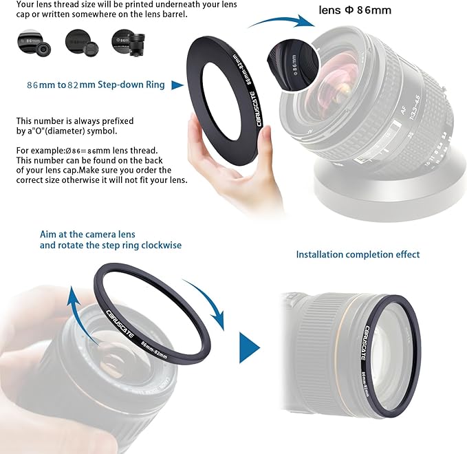 86mm to 82mm Camera Filter Adapter Ring,86mm-82mm Lens Adapter Metal Filter Rings Compatible All 86 mm Size Lens and 82 mm Thread Size Camera Accessory+1pcs Lens Cleaning Cloth.