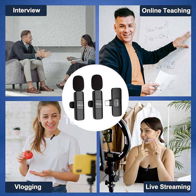 Vislla Wireless Lavalier Microphone for iPhone 15/16/17 Series, iPad and Android Devices, Noise Cancelling,Bluetooth Mini Lapel Microphone for Vlogging/YouTube/Live Streaming/Tiktok/Interview