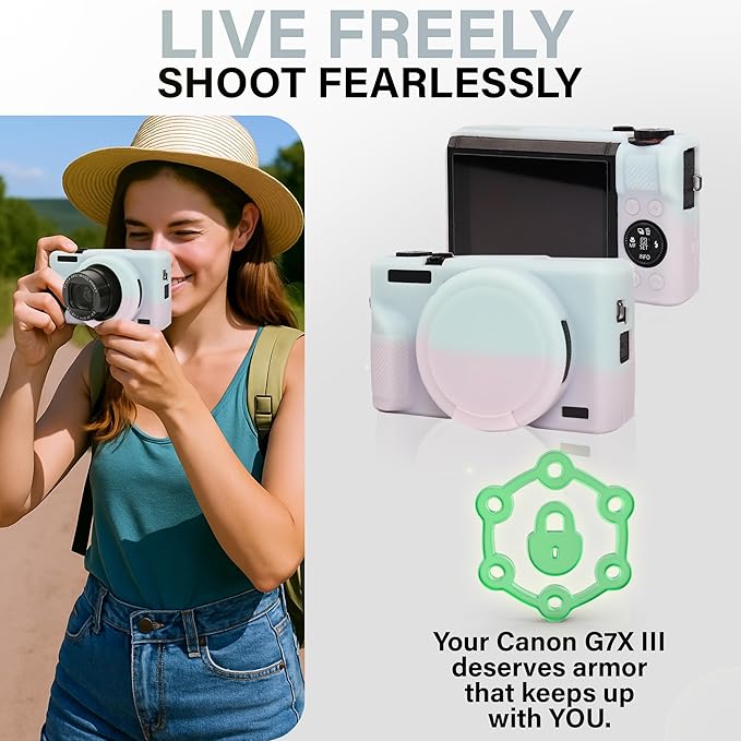 STSEETOP Camera Case Compatible with Canon PowerShot G7X Mark III - Protective Silicone DSLR Skin with Lens Cover, Detachable Cage, Shockproof, Dustproof (Jelly Pink and Green)